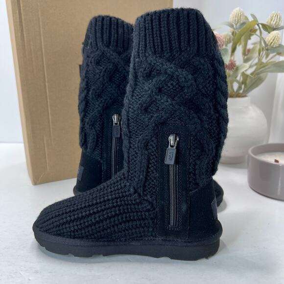 UGG Classic Cardi Cable Knit Boots Foldable Side Zip Black Kids 12 NWB - Picture 7 of 16